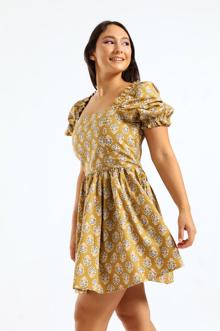 Oriental Printed Puff Sleeve Mini Dress - Tumeric