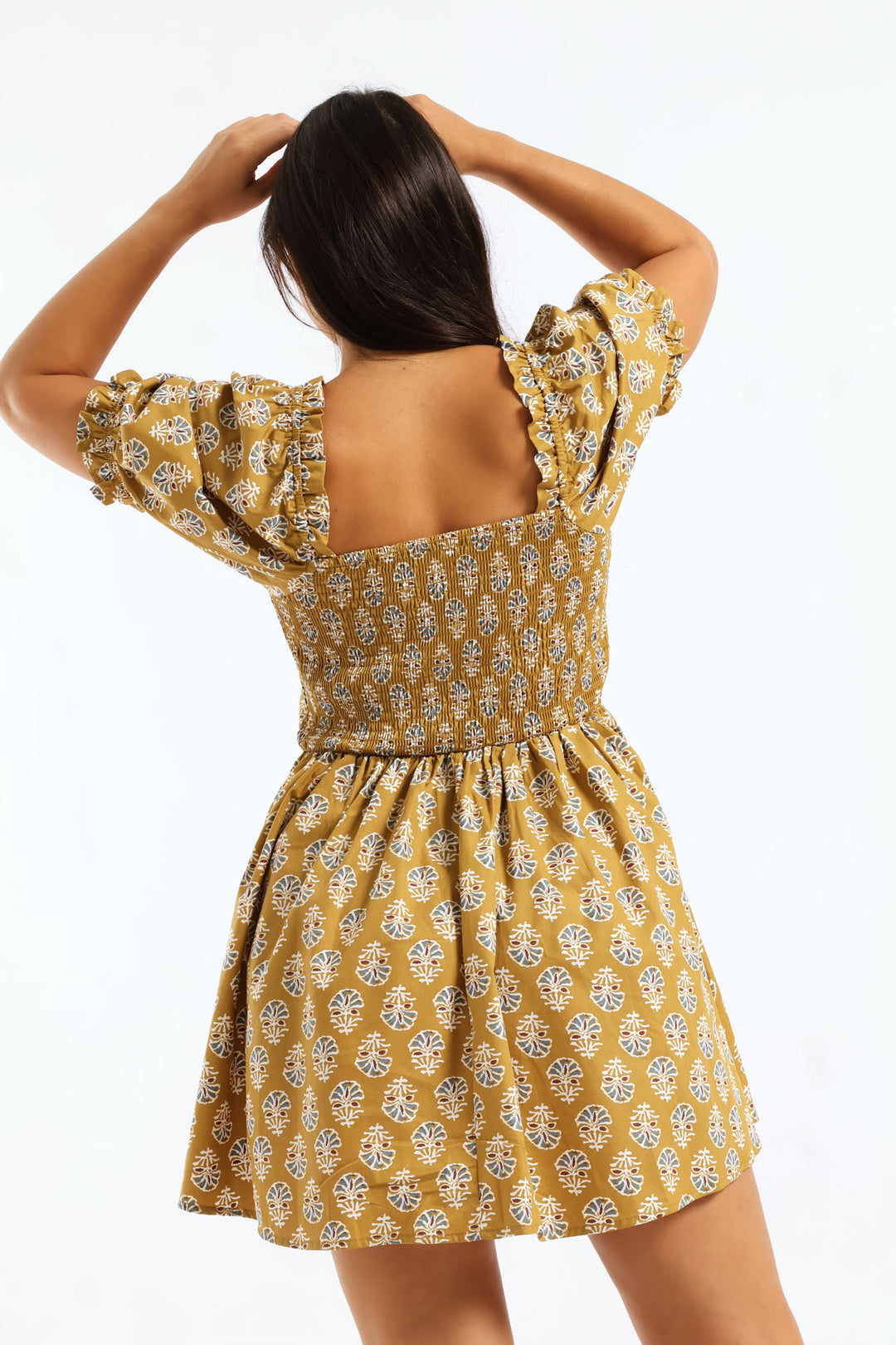 Oriental Printed Puff Sleeve Mini Dress - Tumeric