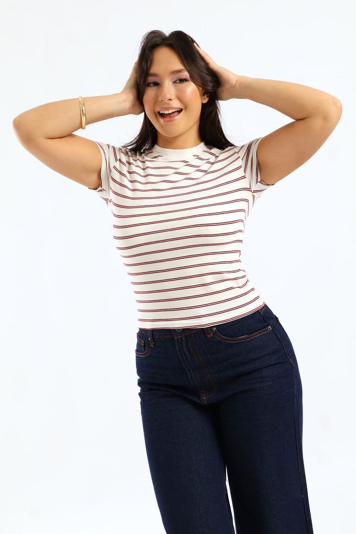 Short Sleeve Yarn Dye Stripe Tee - Burgundy