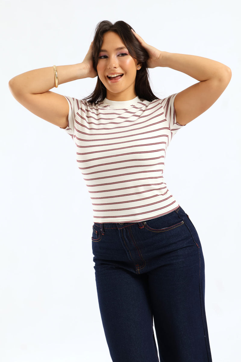 Short Sleeve Yarn Dye Stripe Tee - Burgundy