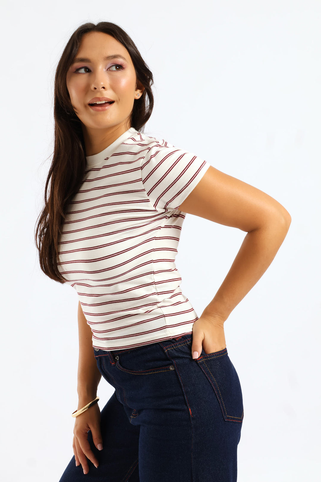 Short Sleeve Yarn Dye Stripe Tee - Burgundy