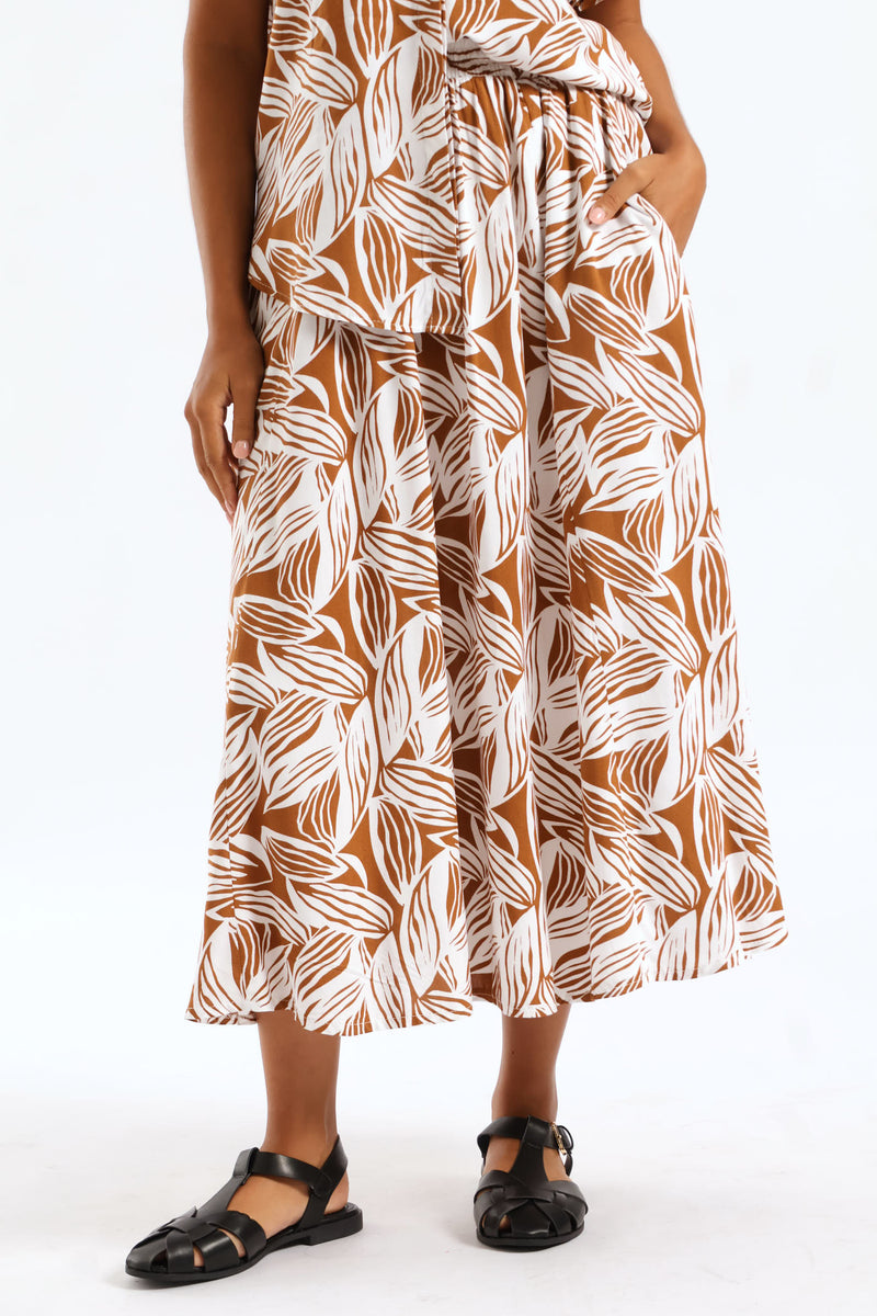 Pull On Elasticated Flare Viscose Midi Skirt - Brown/White