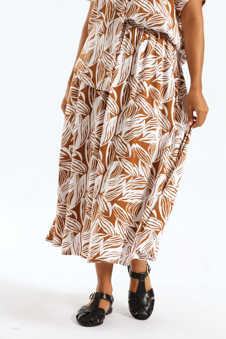 Pull On Elasticated Flare Viscose Midi Skirt - Brown/White