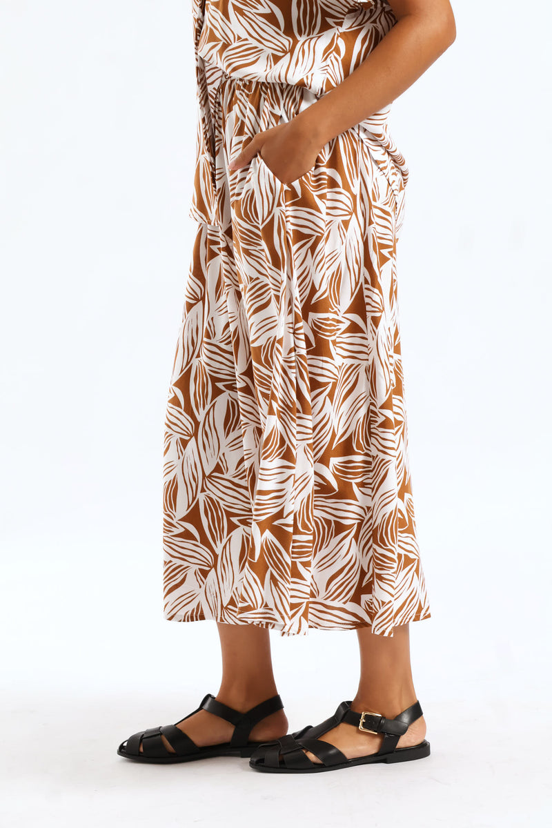 Pull On Elasticated Flare Viscose Midi Skirt - Brown/White