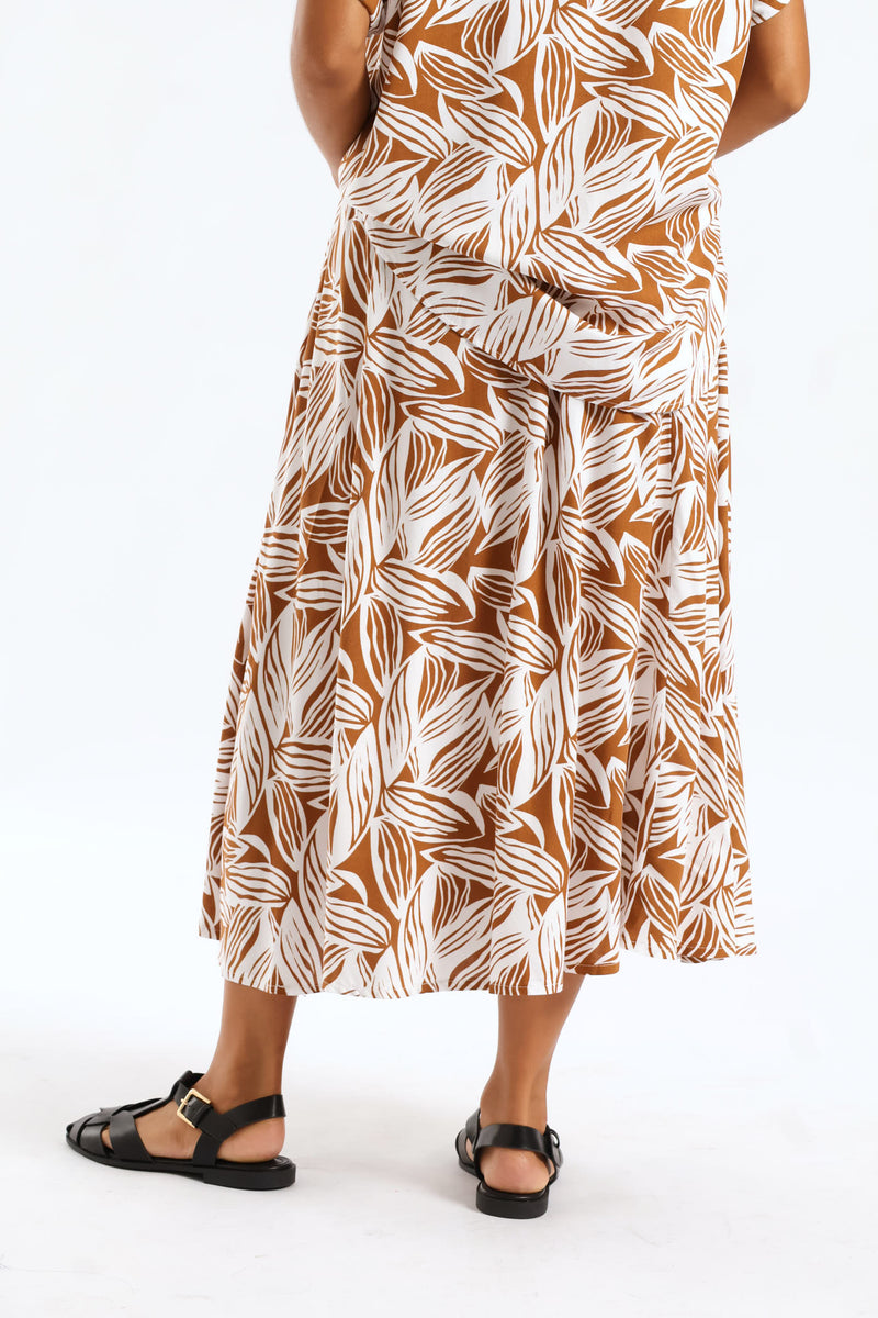 Pull On Elasticated Flare Viscose Midi Skirt - Brown/White