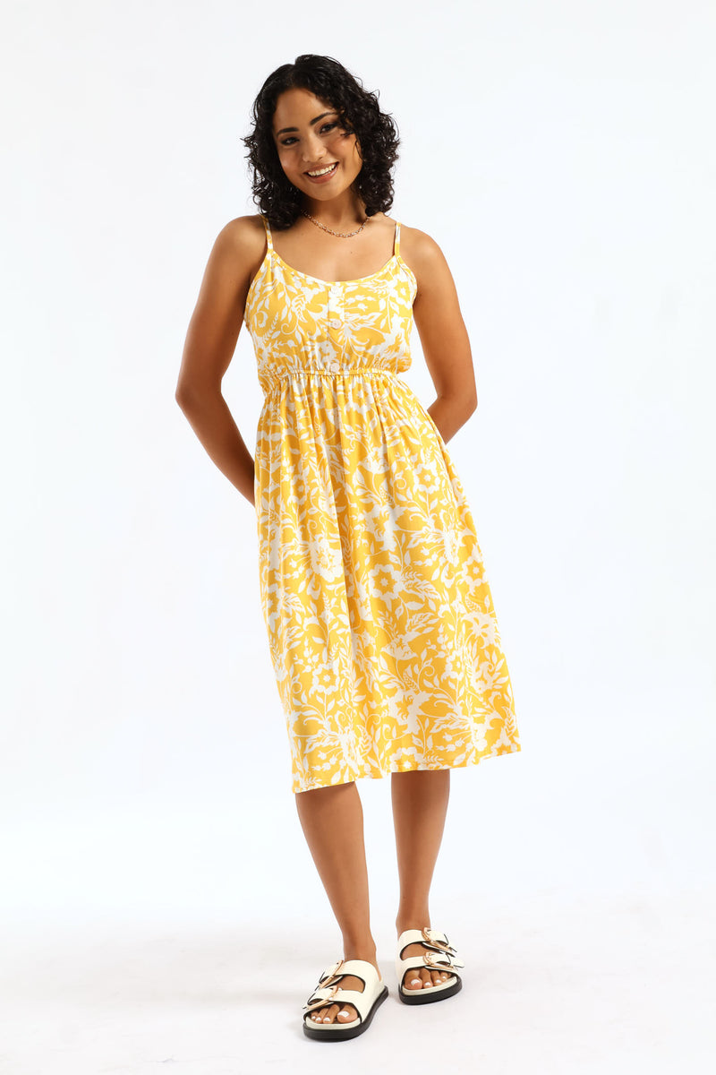 Strappy Button Detail Printed Sundress - White/Yellow