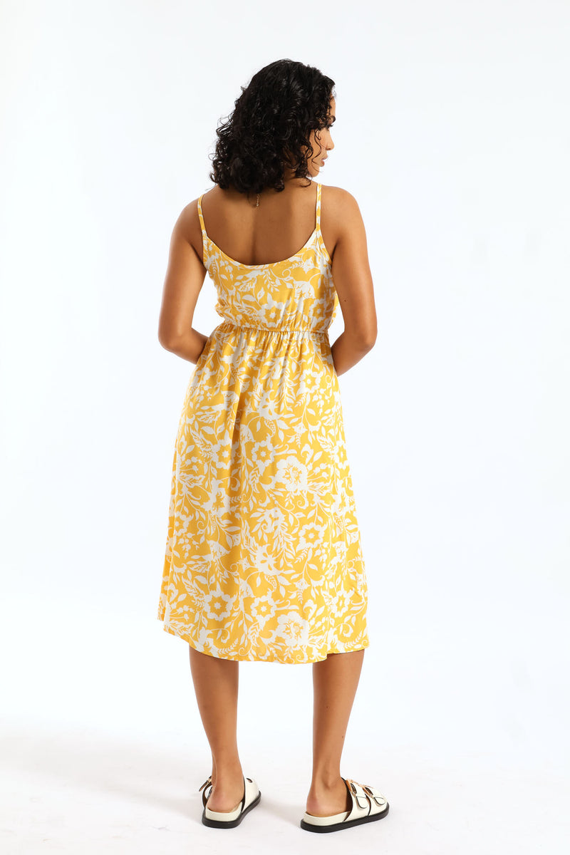 Strappy Button Detail Printed Sundress - White/Yellow