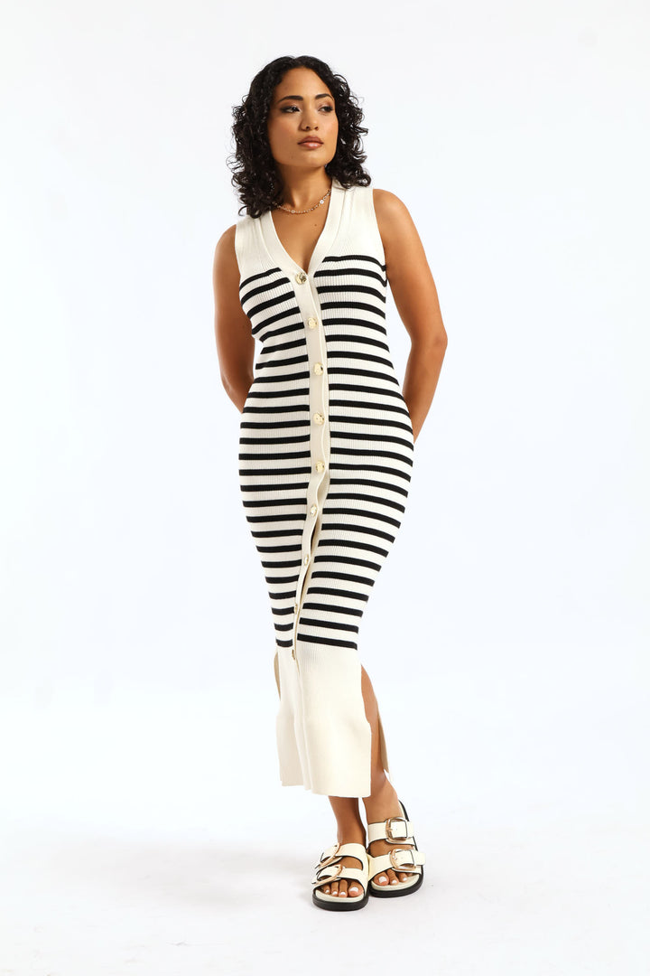 V-Neck Button Through Striped Knitwear Midi Dress - Black/White