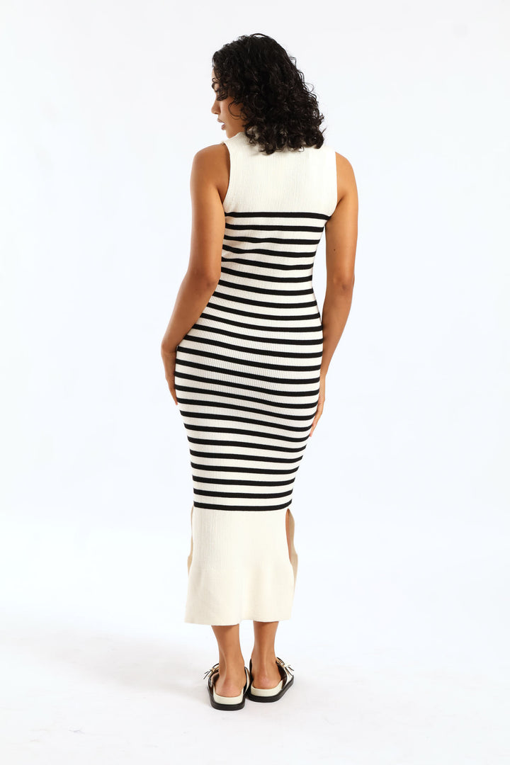 V-Neck Button Through Striped Knitwear Midi Dress - Black/White