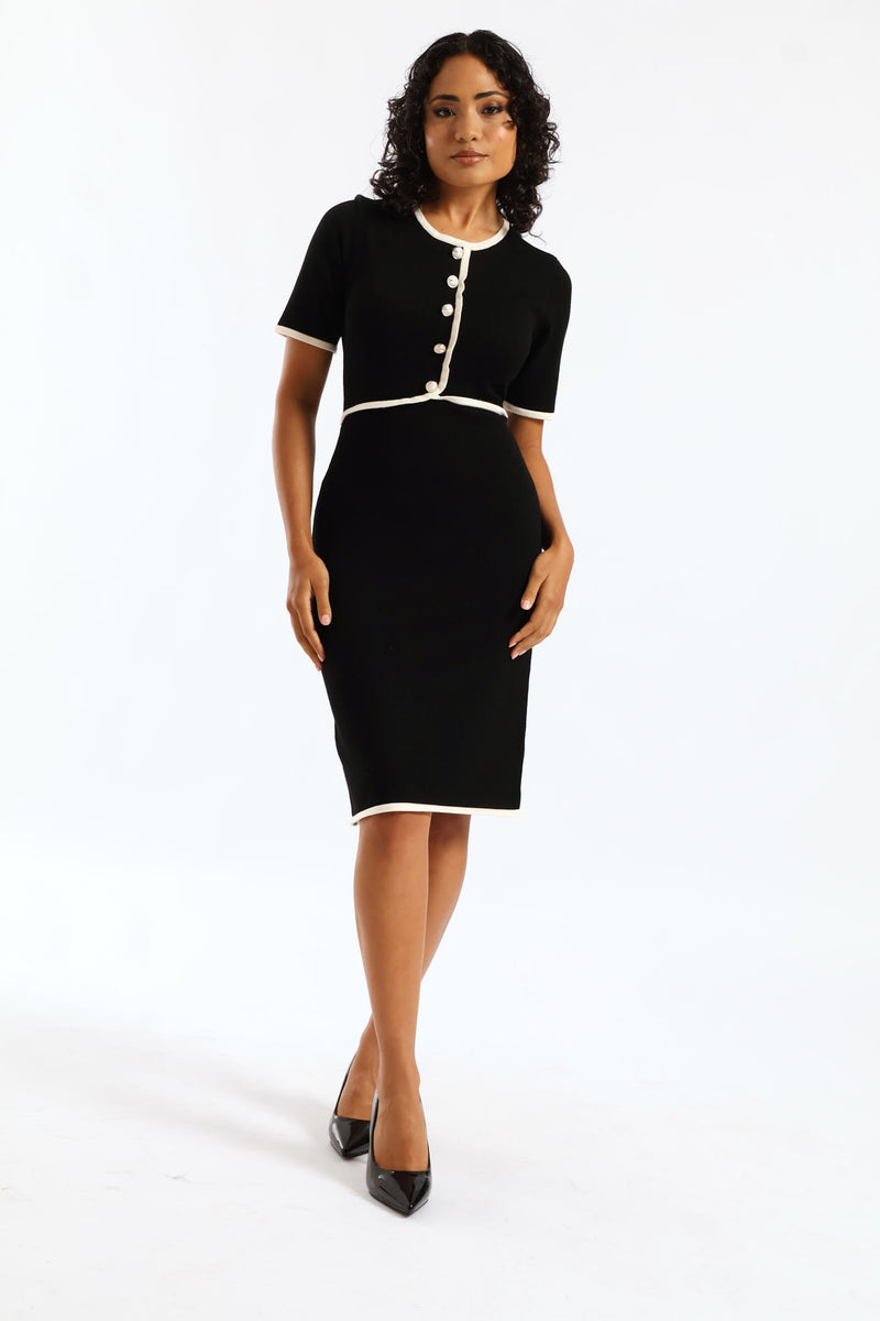 Button Through Contrast Hem Knitwear Dress - Black/Cream