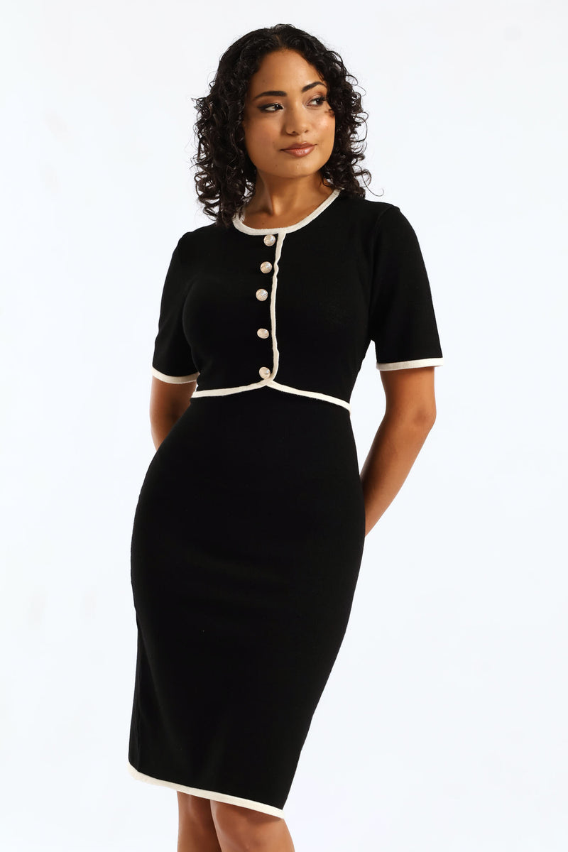 Button Through Contrast Hem Knitwear Dress - Black/Cream
