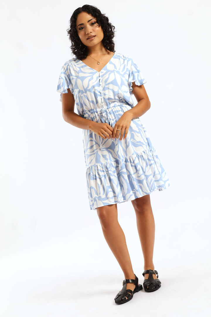 V-Neck Waisted Frill Hem Dress - White/Light Blue
