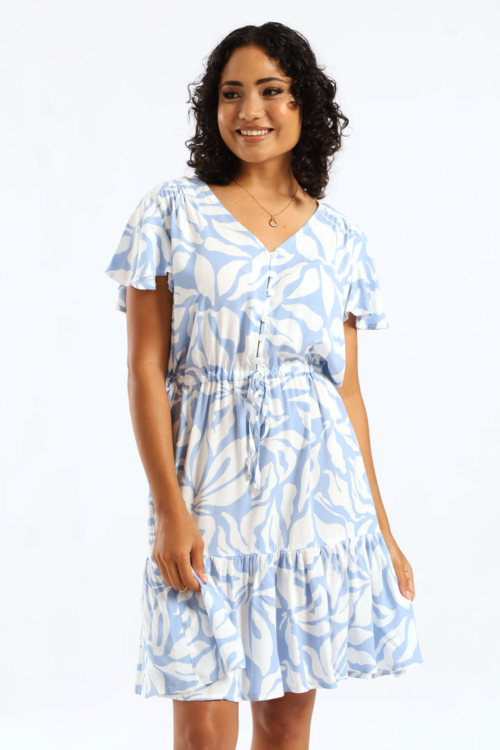 V-Neck Waisted Frill Hem Dress - White/Light Blue