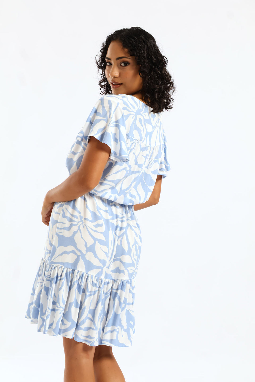 V-Neck Waisted Frill Hem Dress - White/Light Blue