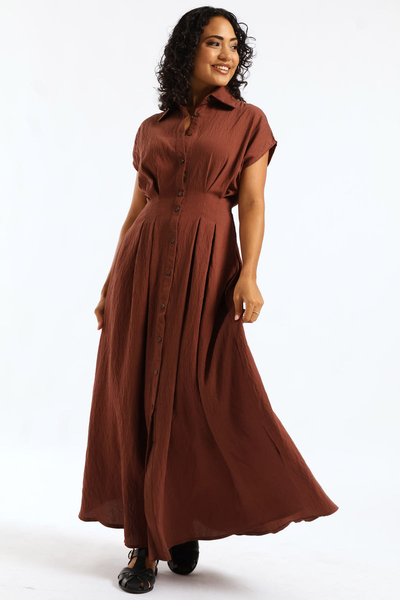 Button Thorugh Pleated Bodice Midaxi Dress - Chocolate