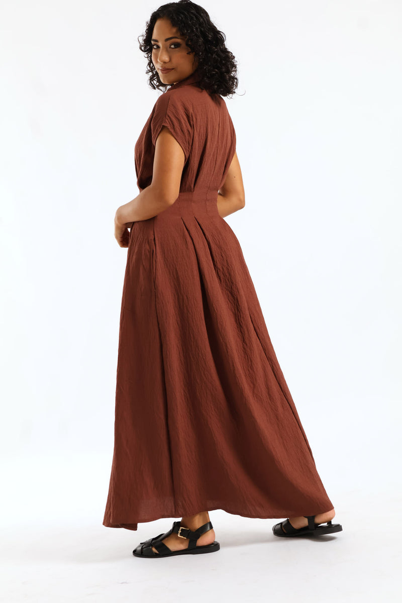 Button Thorugh Pleated Bodice Midaxi Dress - Chocolate
