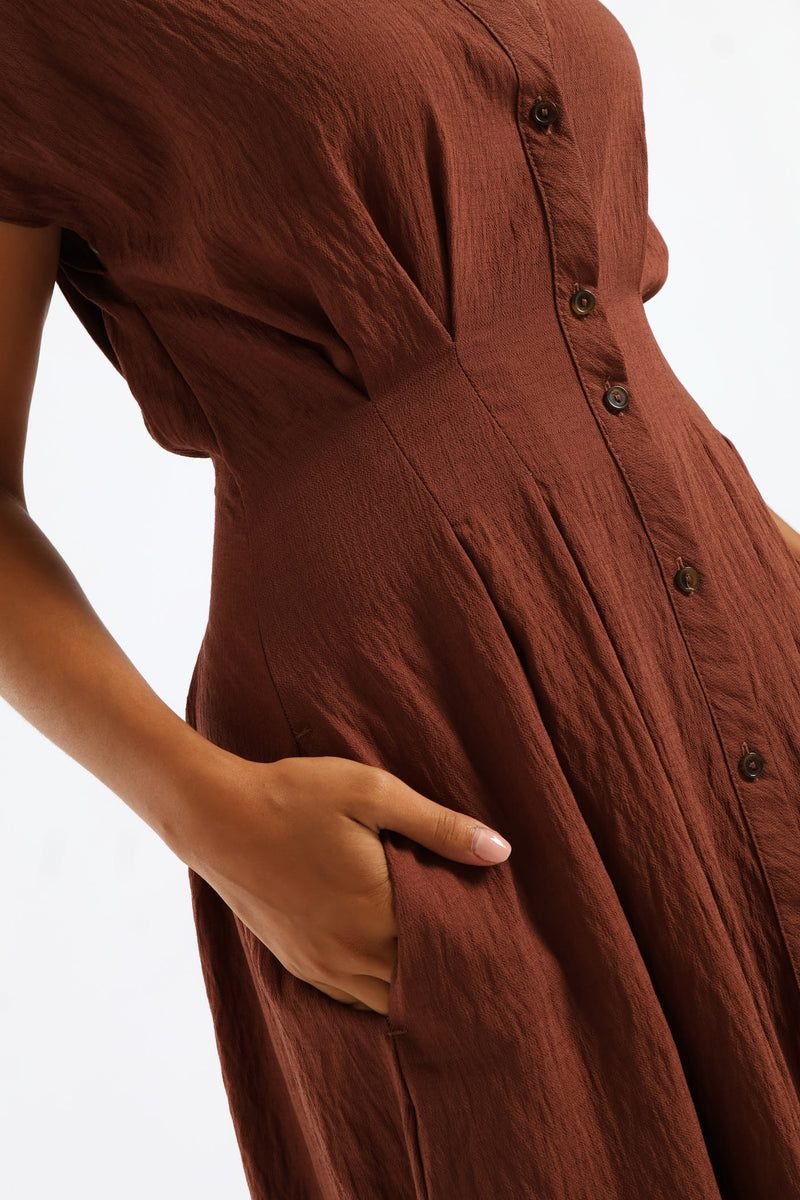 Button Thorugh Pleated Bodice Midaxi Dress - Chocolate