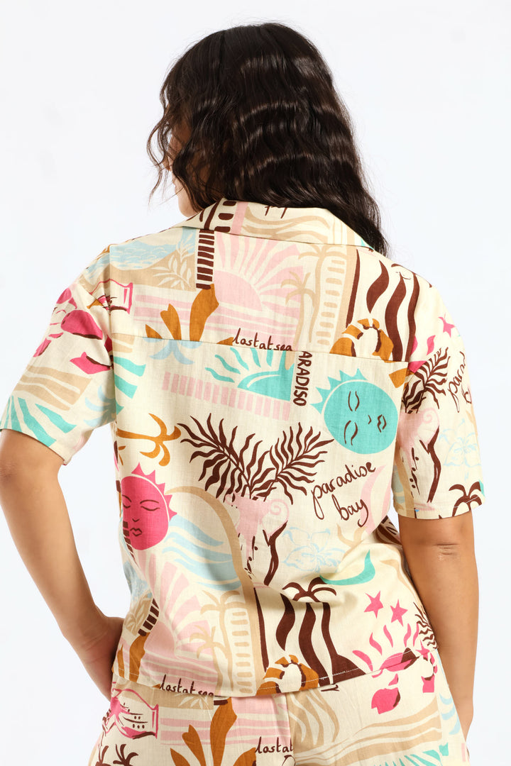 Printed Linen Shirt - Beige