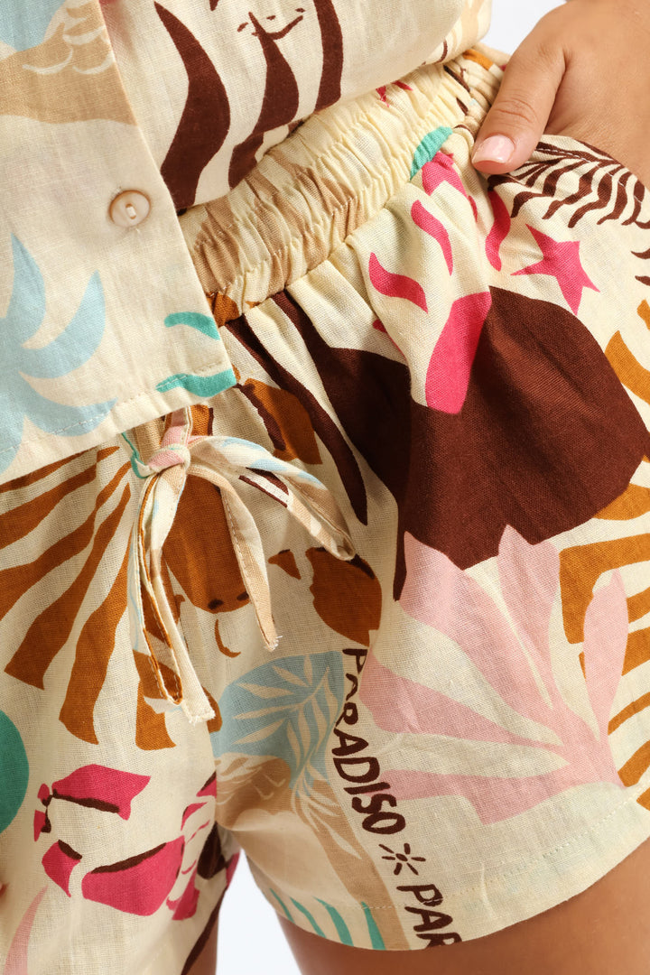 Printed Linen Short - Beige