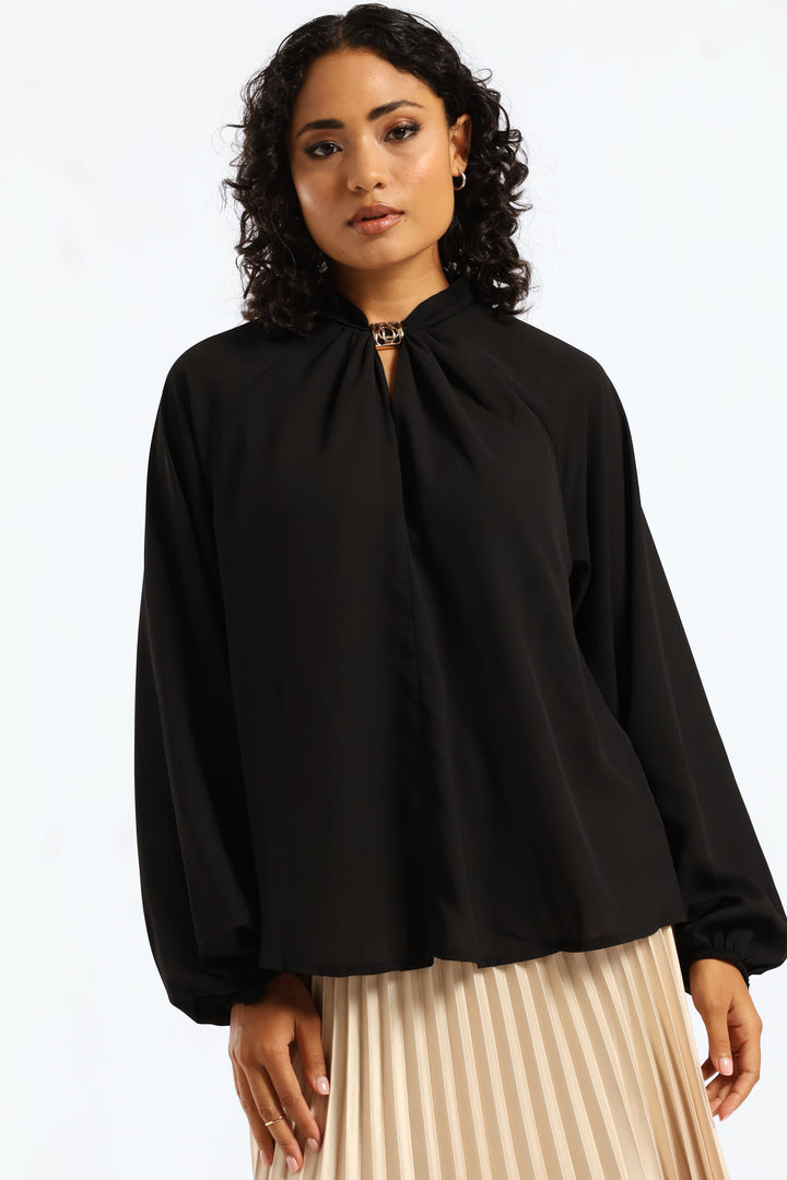 Trim Twist Neck Blouse - Black