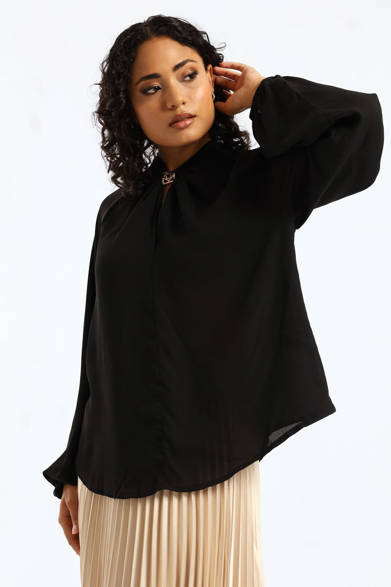 Trim Twist Neck Blouse - Black