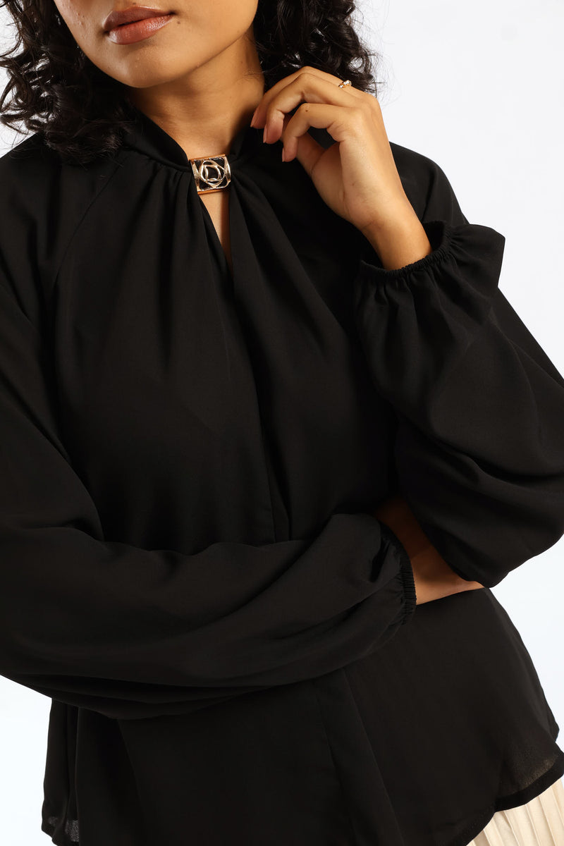 Trim Twist Neck Blouse - Black