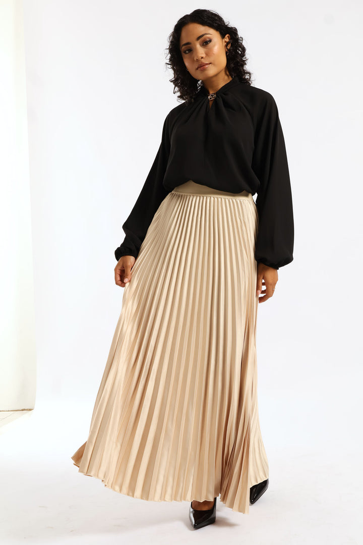 Pleated Satin Maxi Skirt - Bone