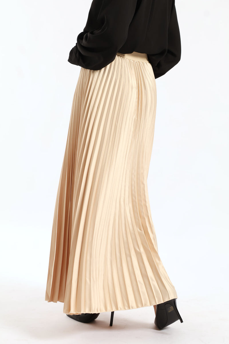 Pleated Satin Maxi Skirt - Bone