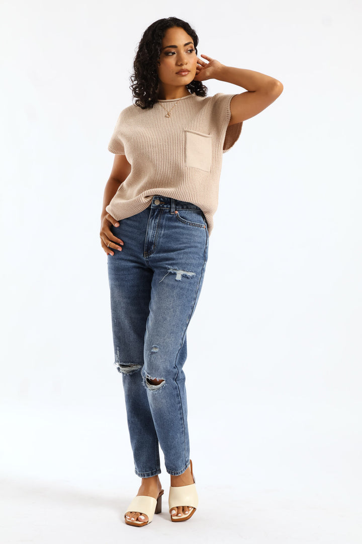 Hi-Rise Abraised Mom Jean - Dark Wash
