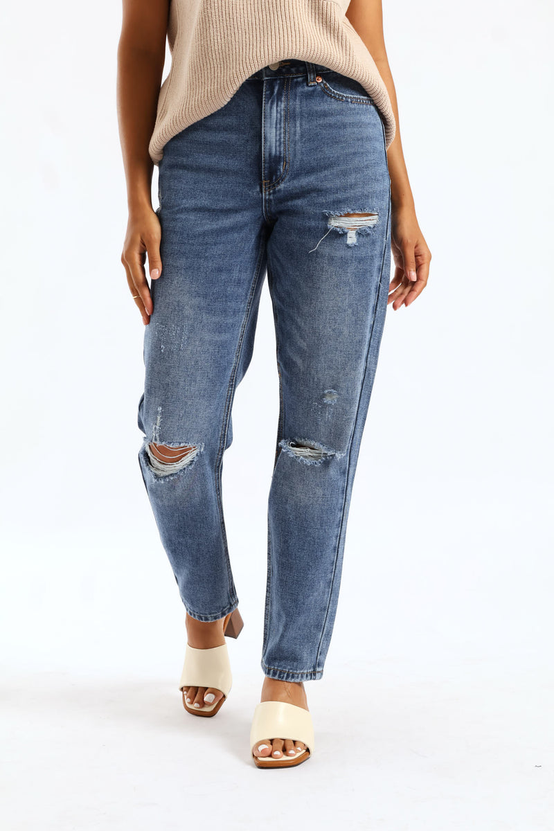 Hi-Rise Abraised Mom Jean - Dark Wash