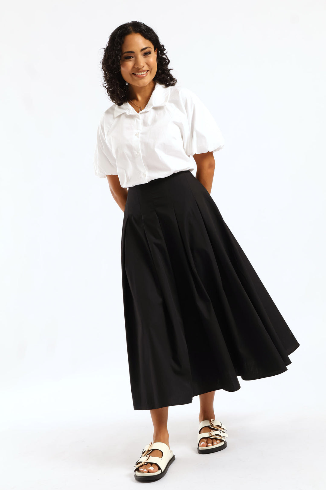 Pleated Poplin Structured Midi Dressy Skirt - Black