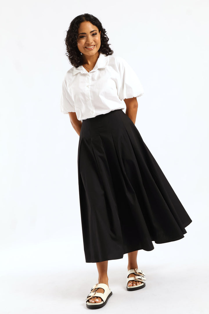 Pleated Poplin Structured Midi Dressy Skirt - Black