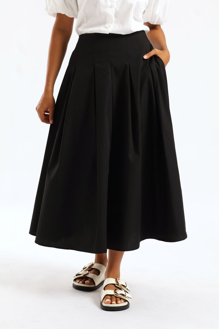 Pleated Poplin Structured Midi Dressy Skirt - Black
