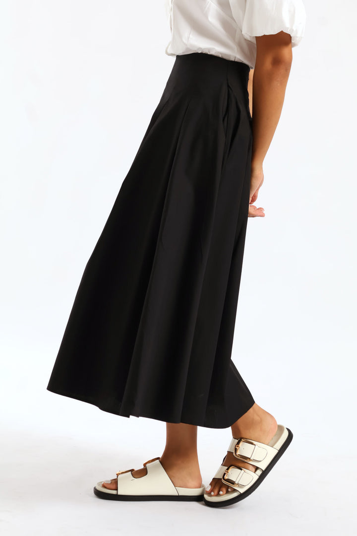 Pleated Poplin Structured Midi Dressy Skirt - Black