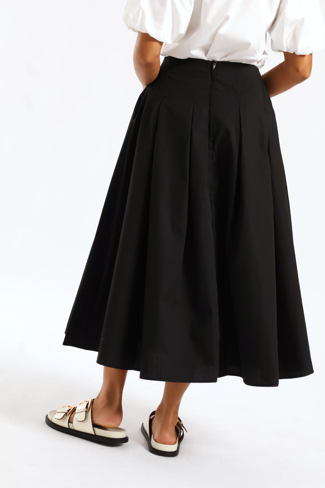 Pleated Poplin Structured Midi Dressy Skirt - Black