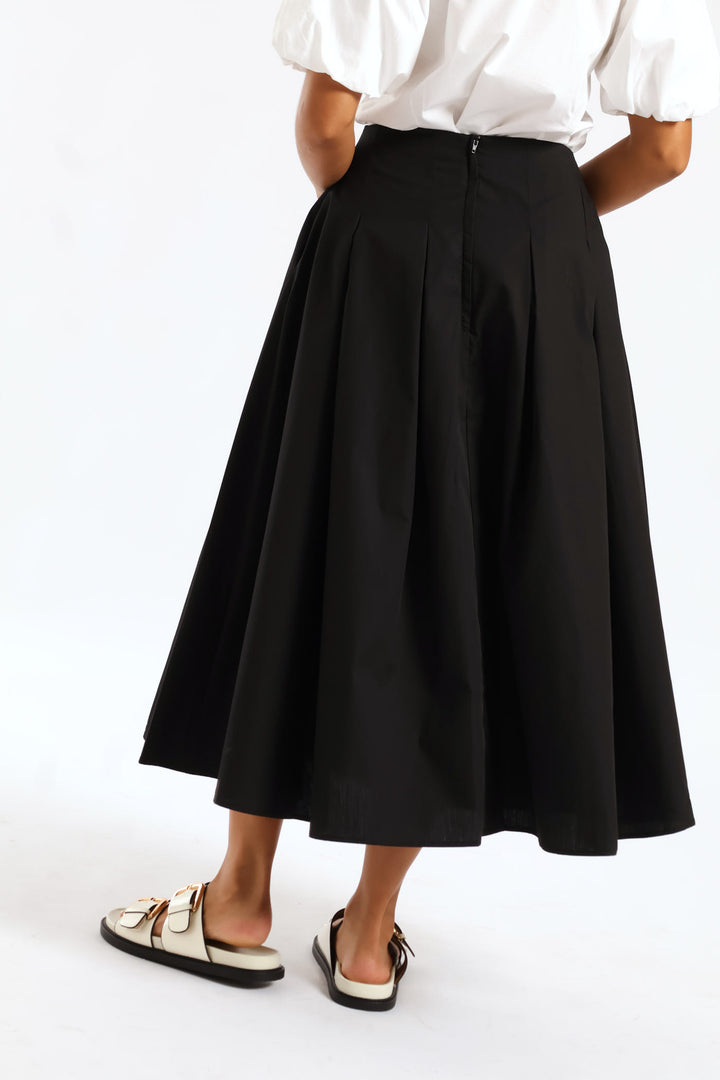 Pleated Poplin Structured Midi Dressy Skirt - Black