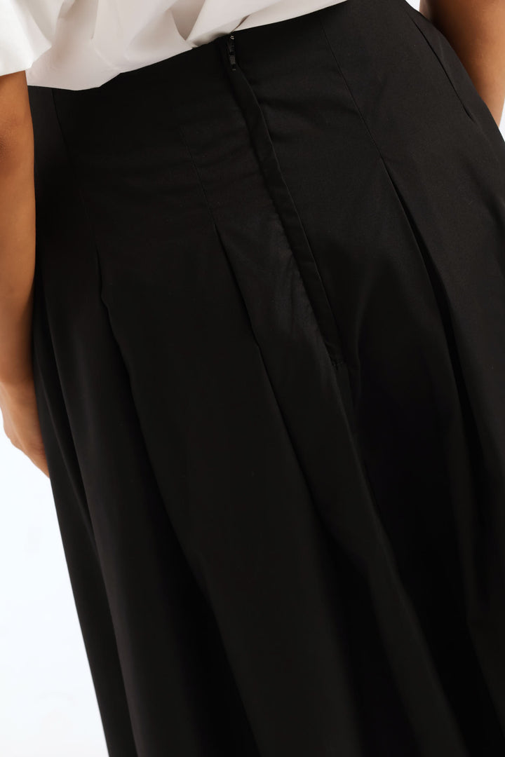 Pleated Poplin Structured Midi Dressy Skirt - Black