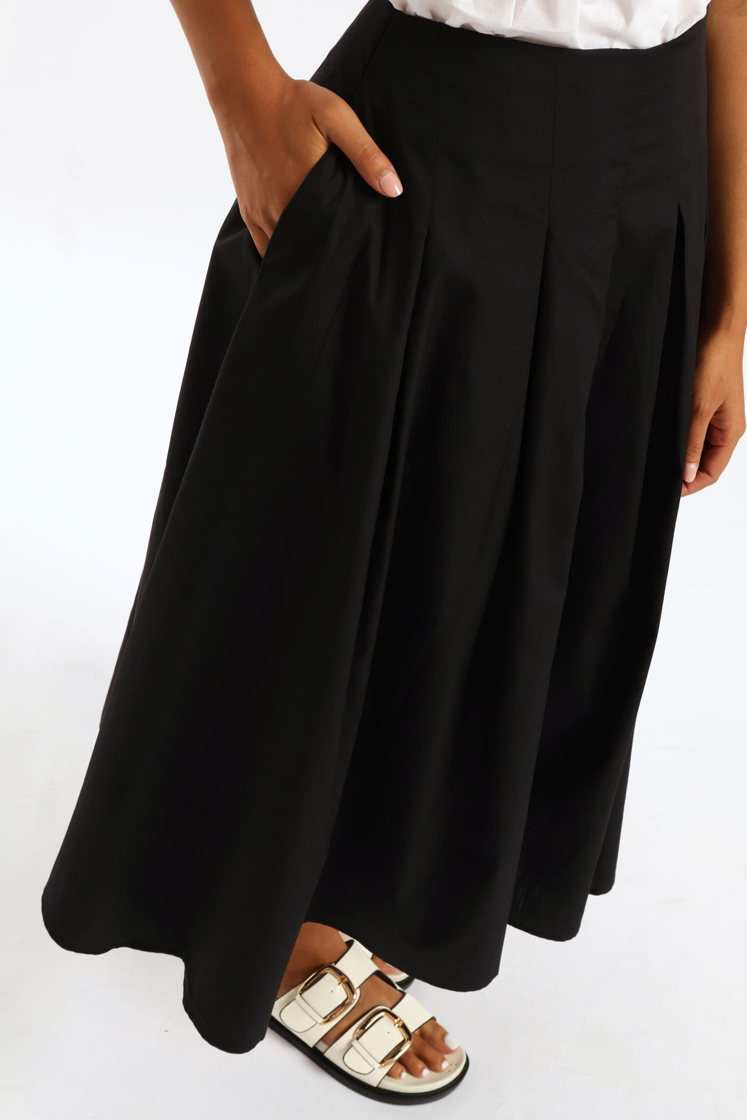 Pleated Poplin Structured Midi Dressy Skirt - Black