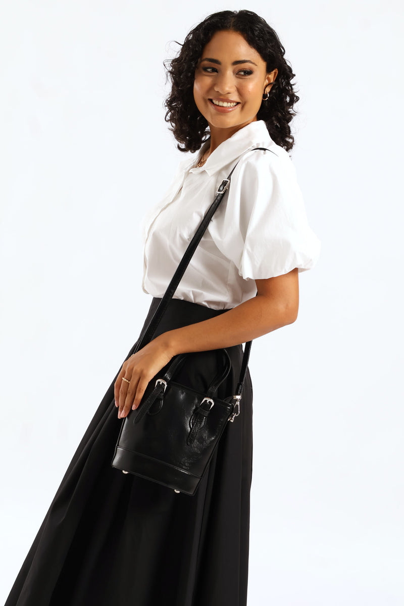 Silver Hardware Bucket Crossbody Bag - Black