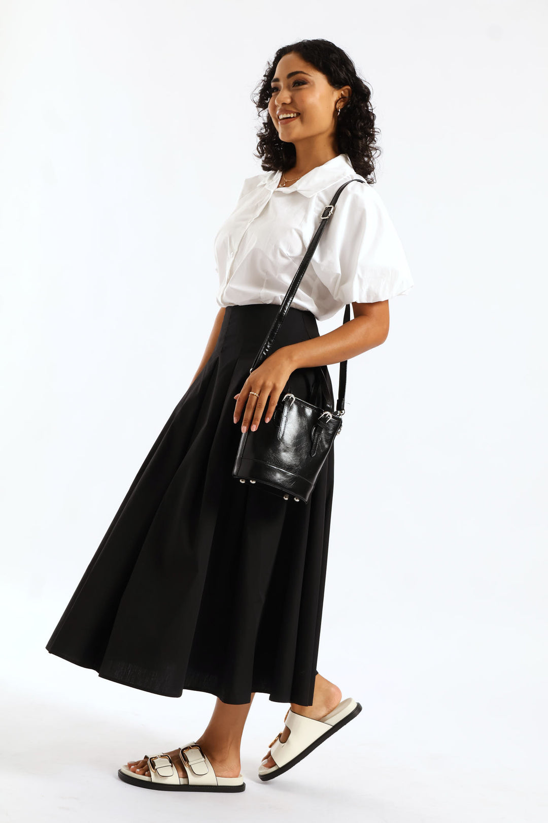 Silver Hardware Bucket Crossbody Bag - Black