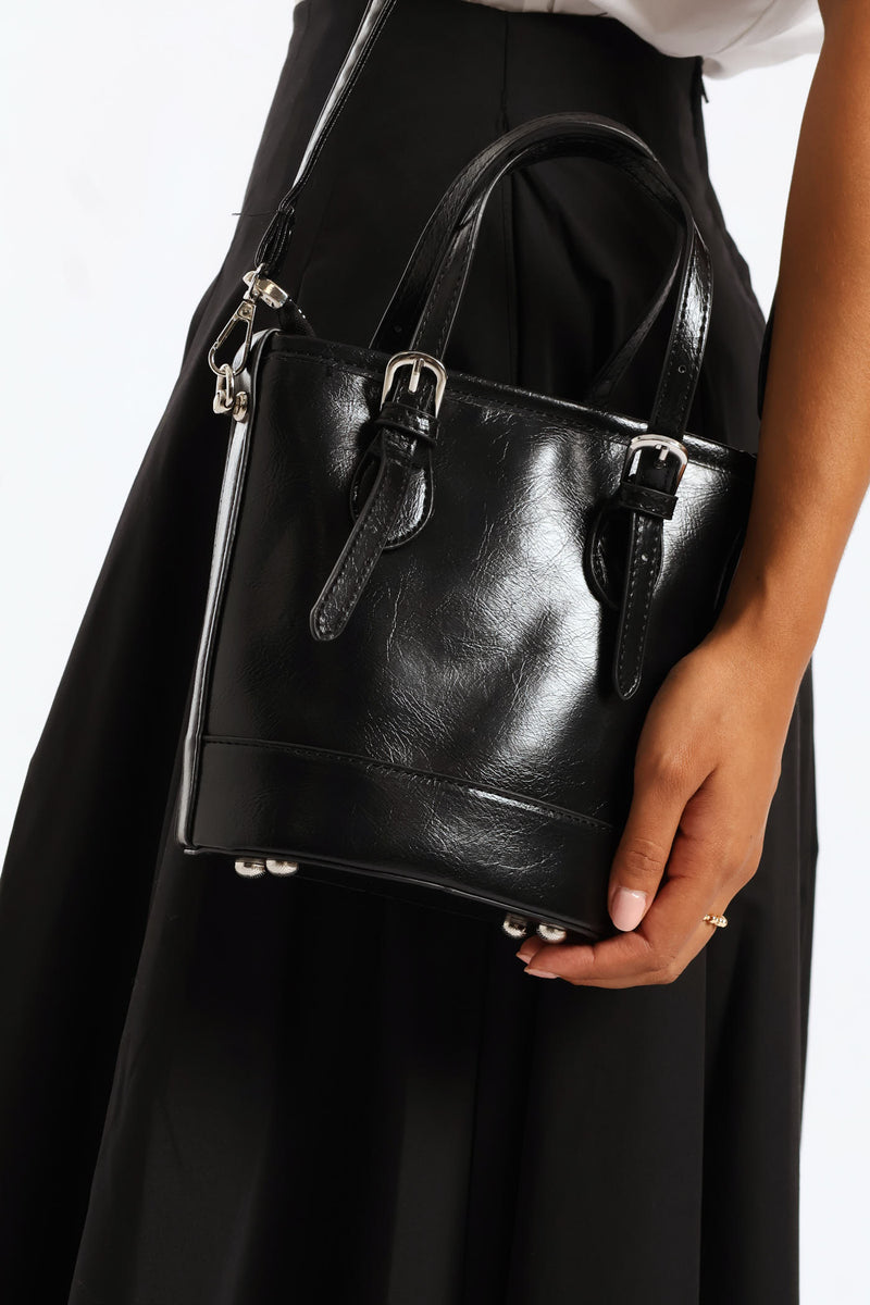Silver Hardware Bucket Crossbody Bag - Black
