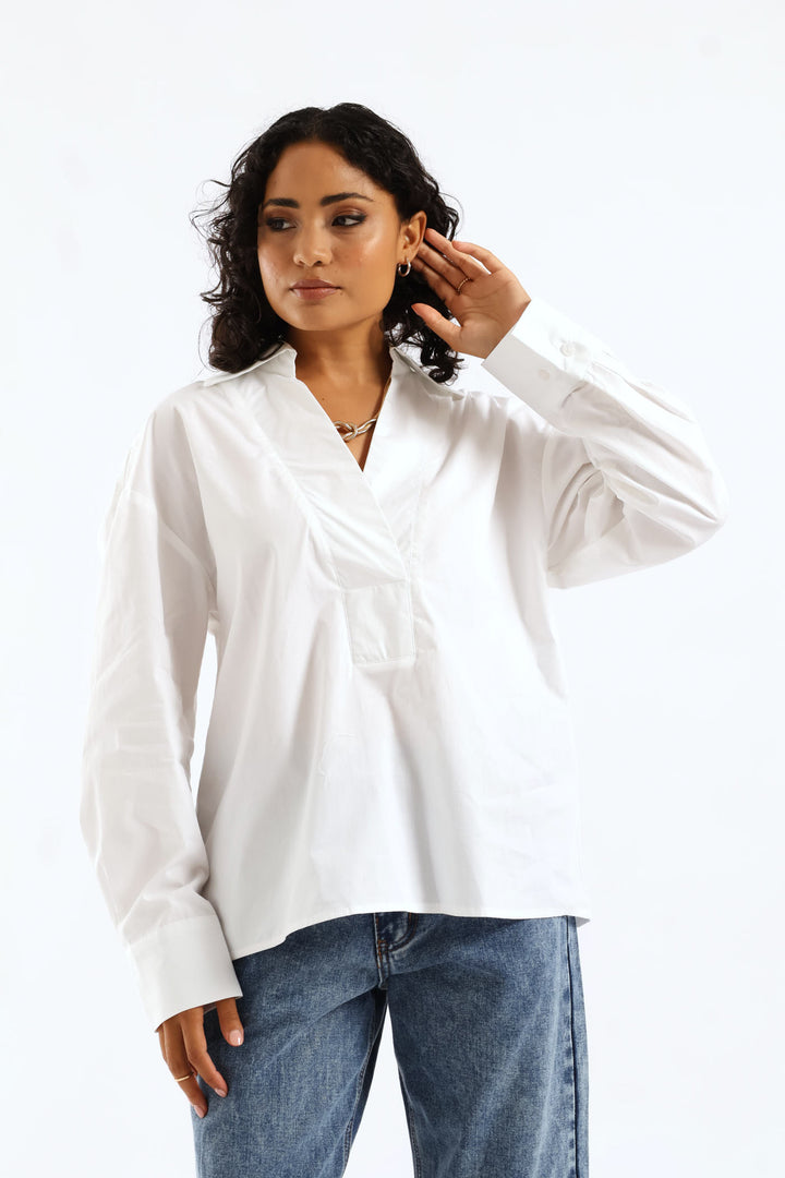 Half Placket Cutaway Popover Poplin Shirt - White