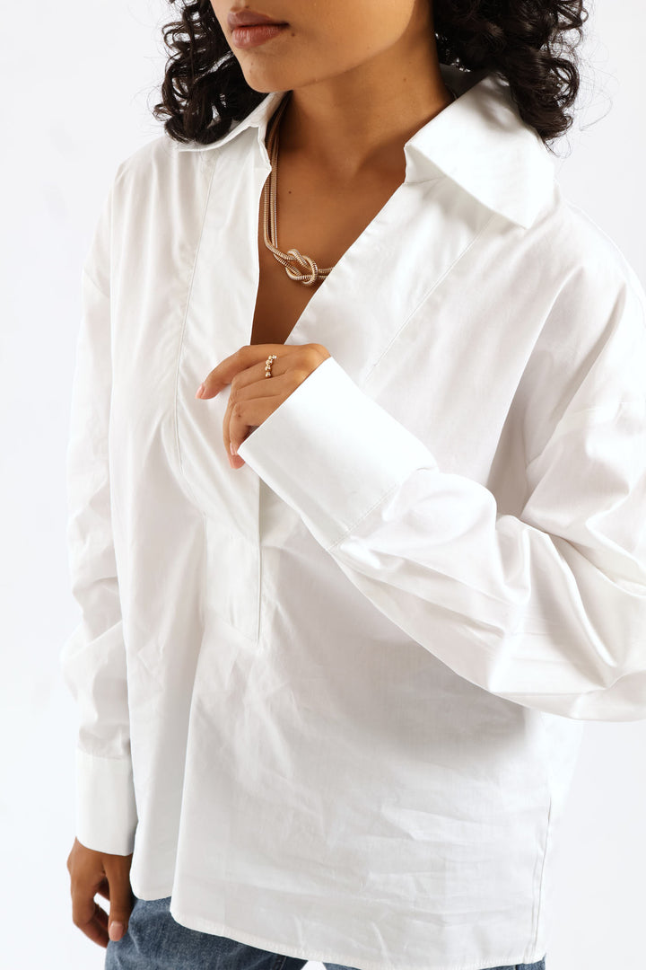 Half Placket Cutaway Popover Poplin Shirt - White