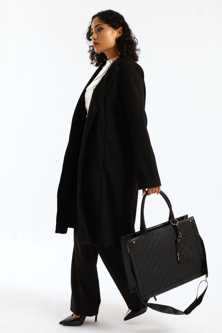 Top Handle Square Embossed Laptop Bag - Black