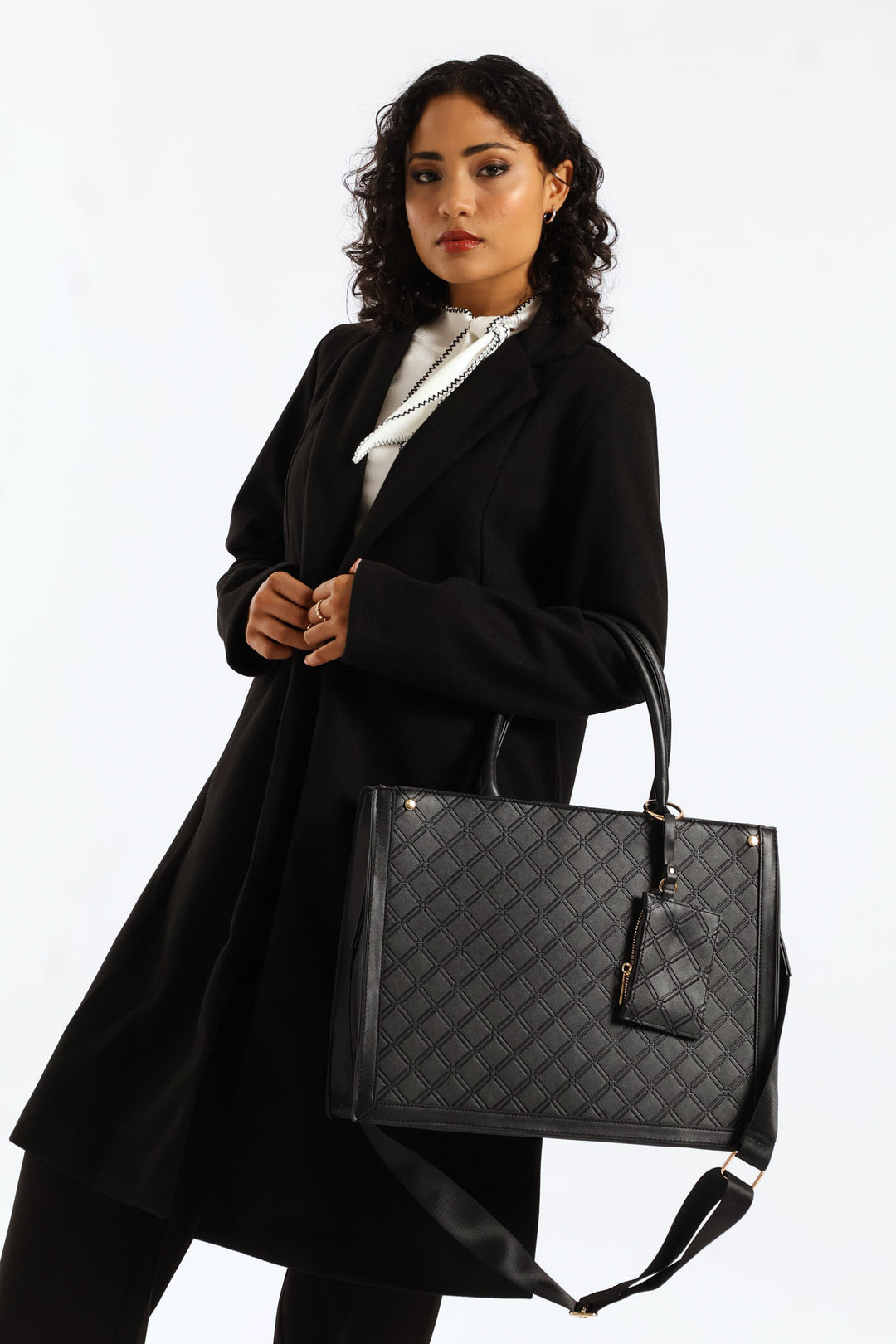 Top Handle Square Embossed Laptop Bag - Black