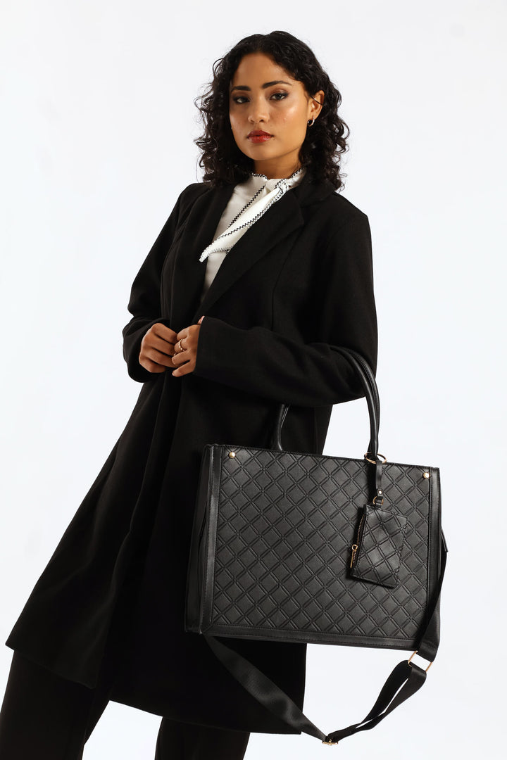 Top Handle Square Embossed Laptop Bag - Black