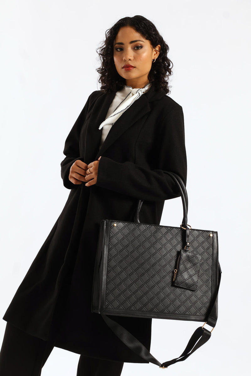 Top Handle Square Embossed Laptop Bag - Black