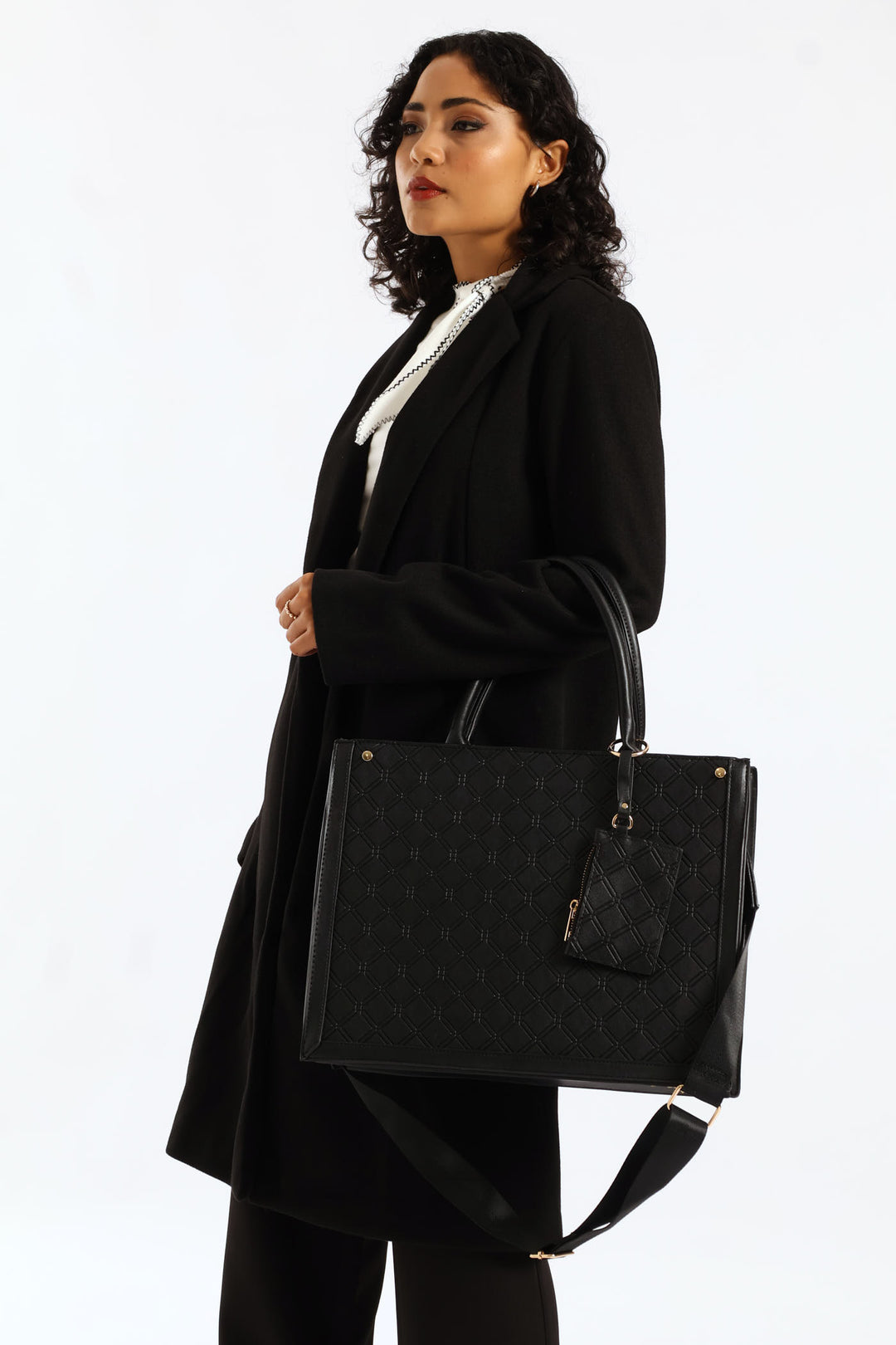 Top Handle Square Embossed Laptop Bag - Black