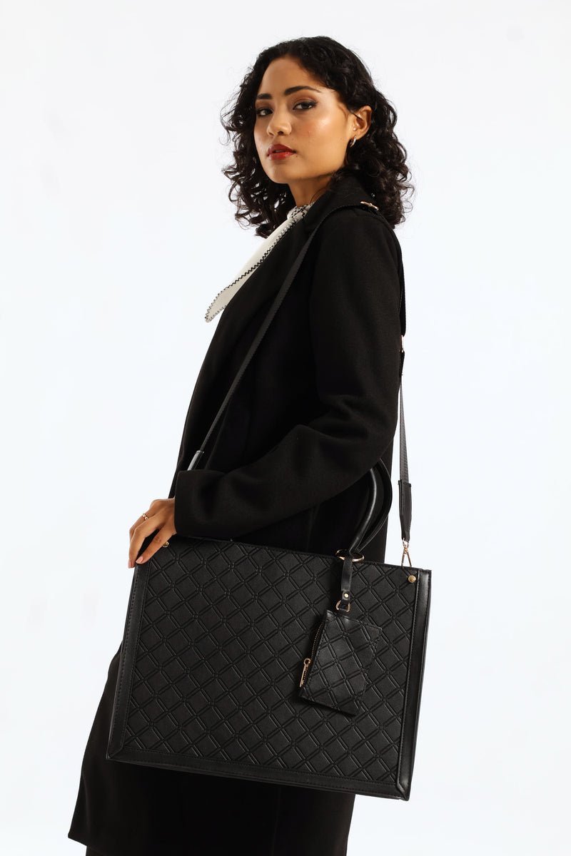 Top Handle Square Embossed Laptop Bag - Black