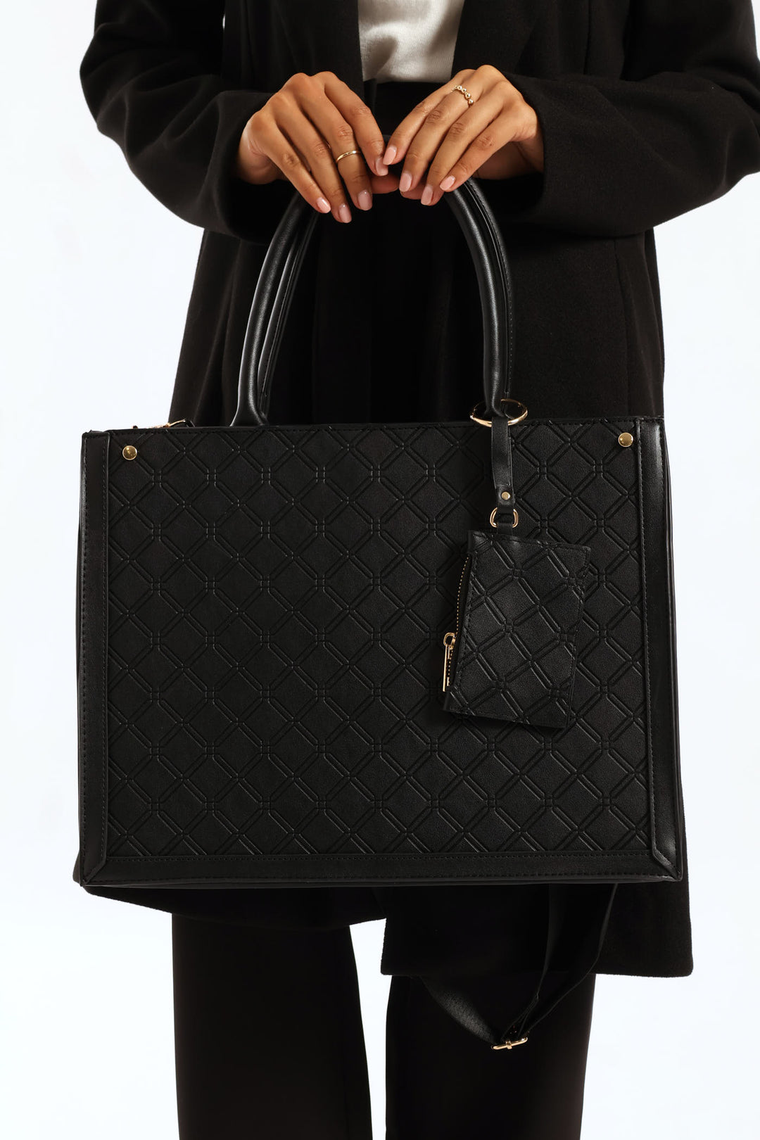 Top Handle Square Embossed Laptop Bag - Black